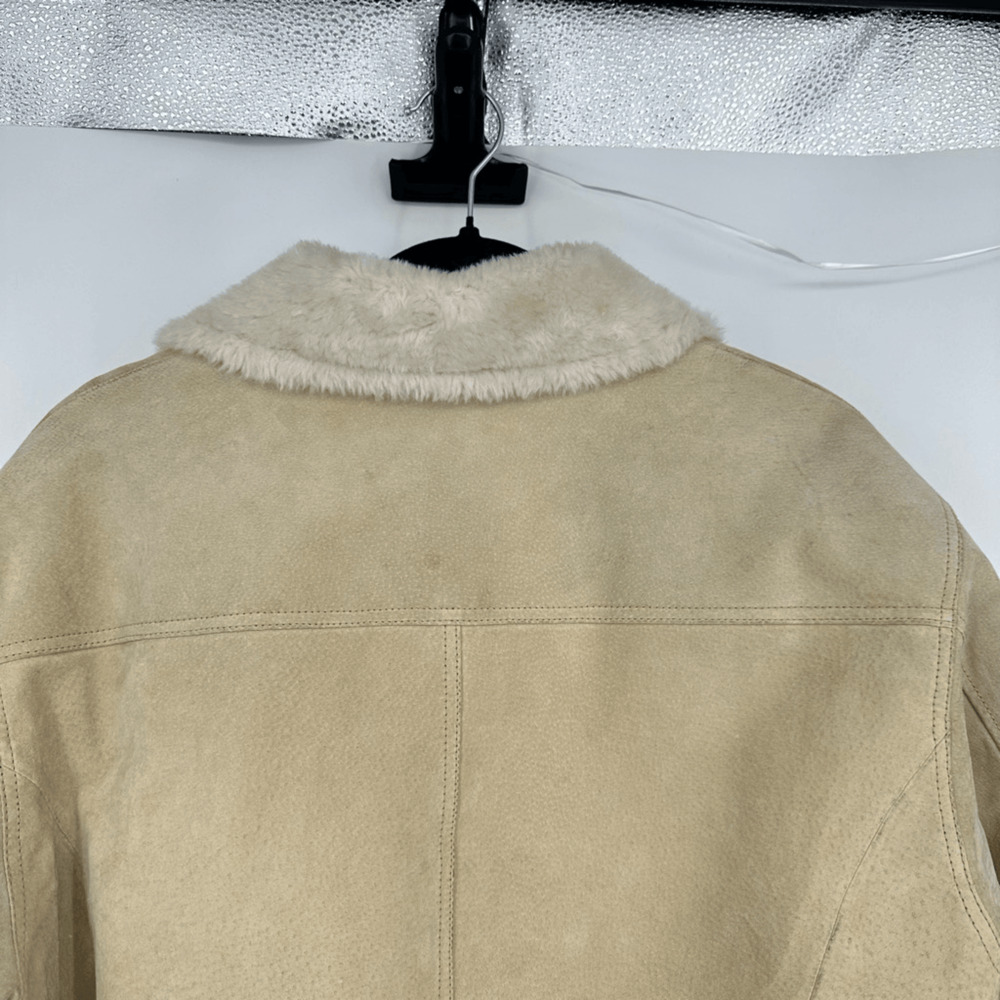 Womens XL Suede Faux Fur Lined Winter Jacket Pockets Cream Boho 70s Style - Picture 10 of 15